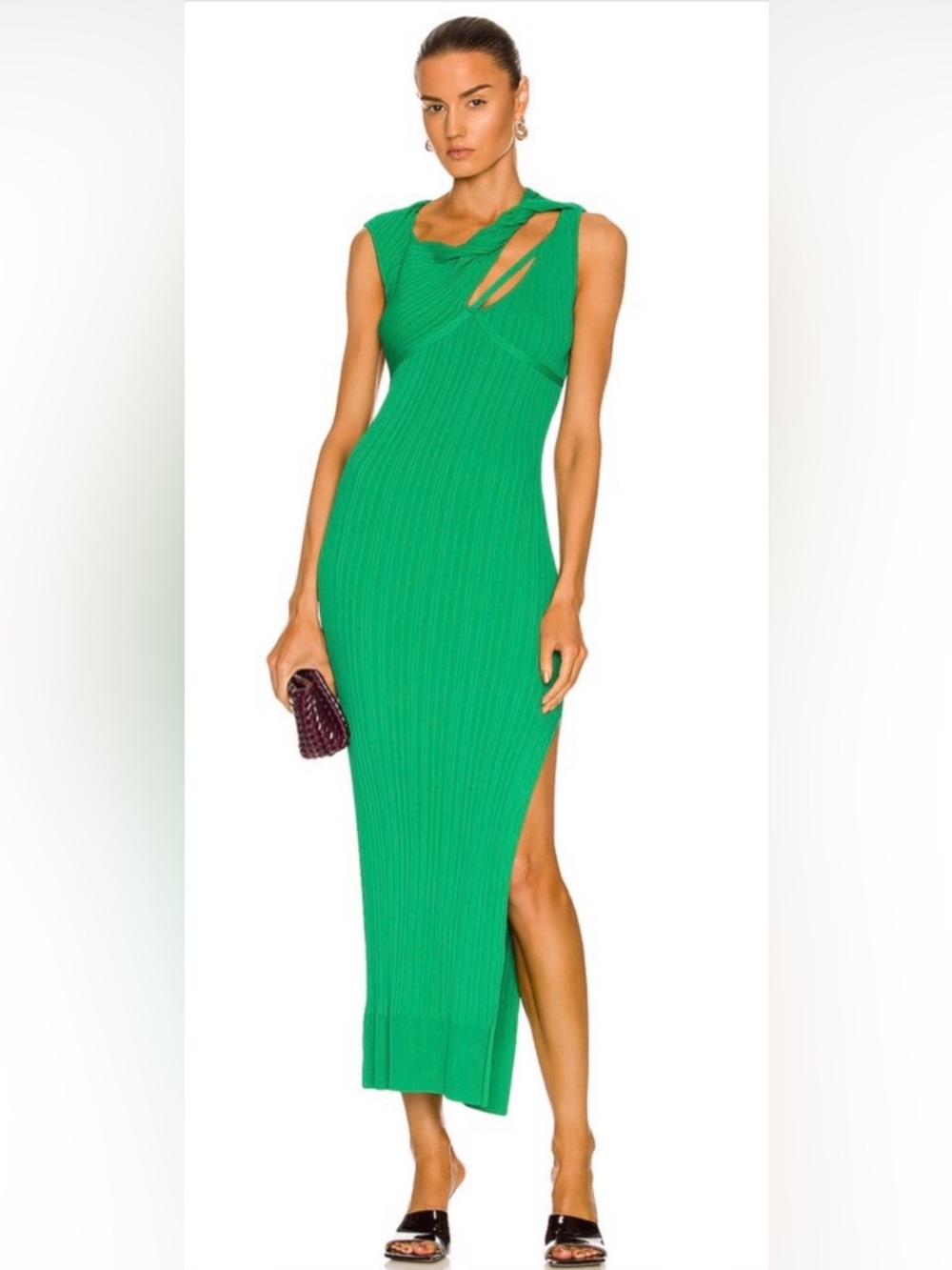 AKNVAS Sleeveless Green Ribbed Maxi Dress with Side Slit